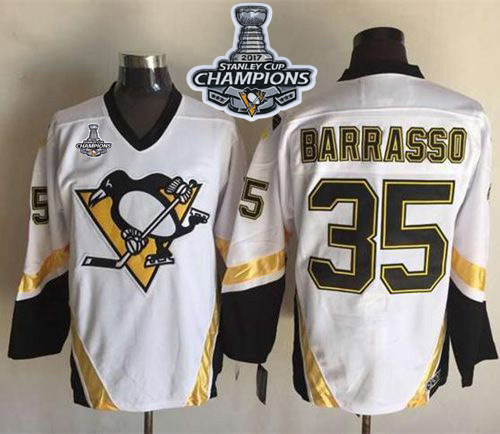 Penguins #35 Tom Barrasso White CCM Throwback Stanley Cup Finals Champions Stitched NHL Jersey